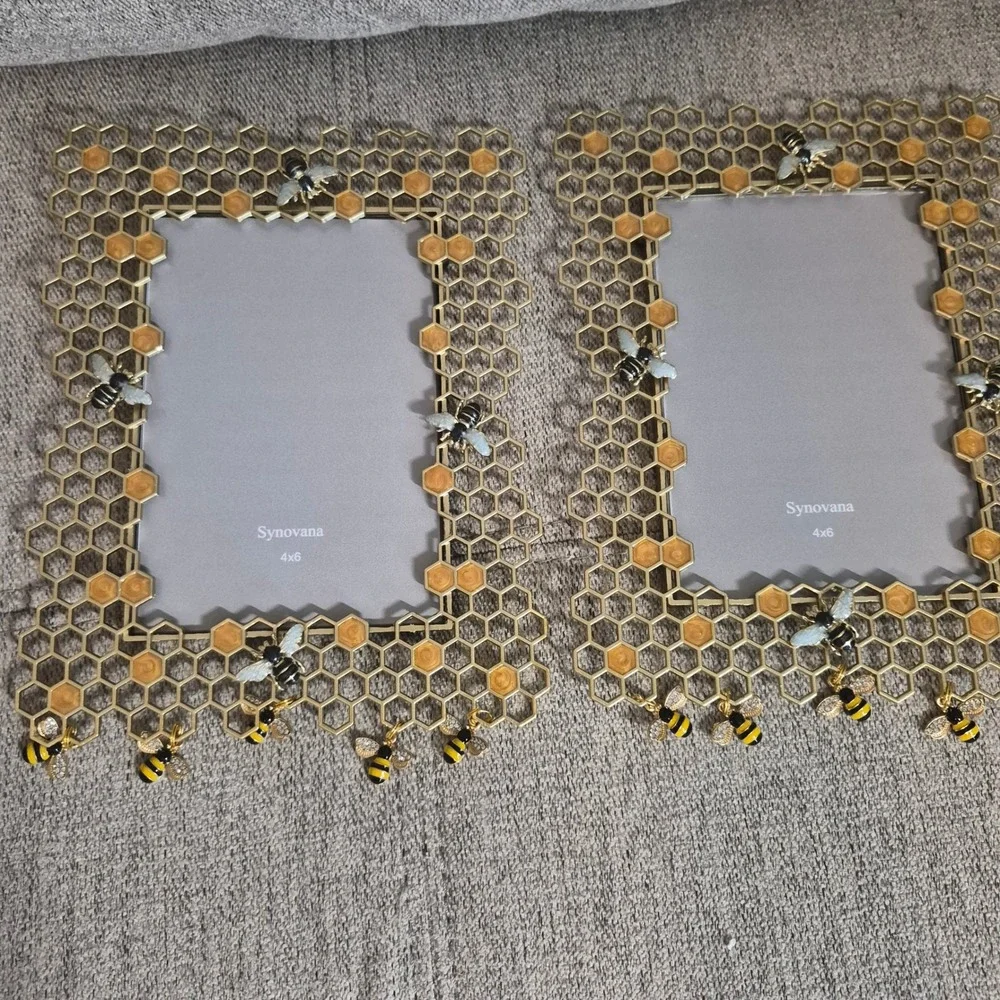 Synovana Hanging Honeycomb Bee Picture Frames 4x6 Gold Enamel Hive Set of